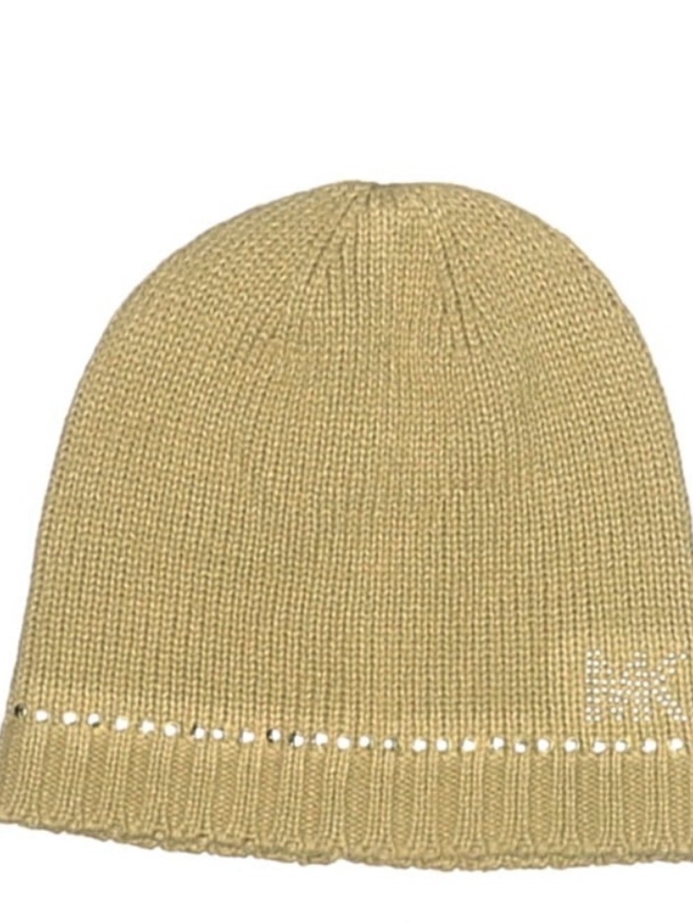 Michael Kors Knit Beanie Hat in Light Tan with Rhinestone Detail